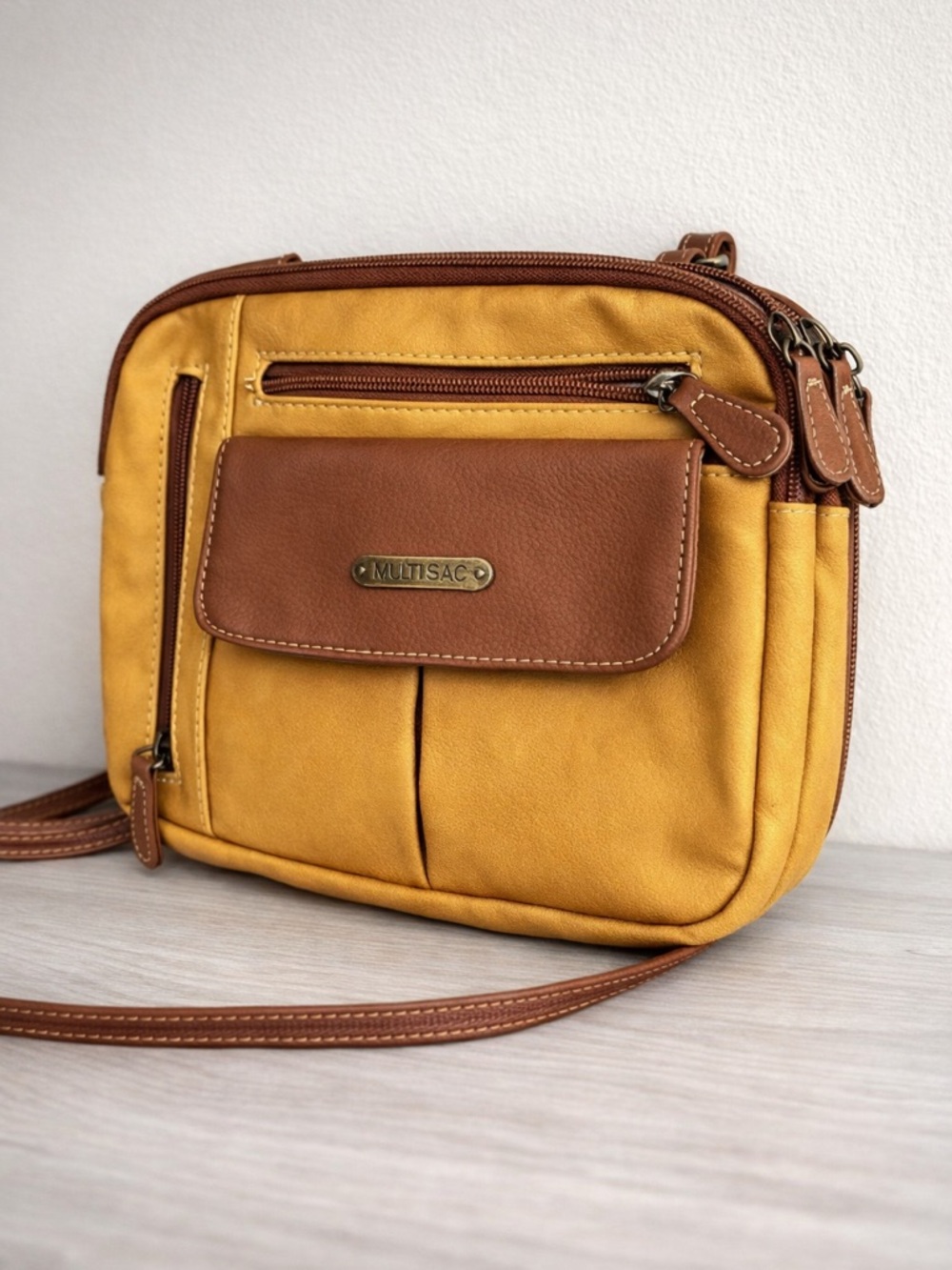 Multisac Mustard Yellow Crossbody Bag Womens Brown Leather Trim Organizer